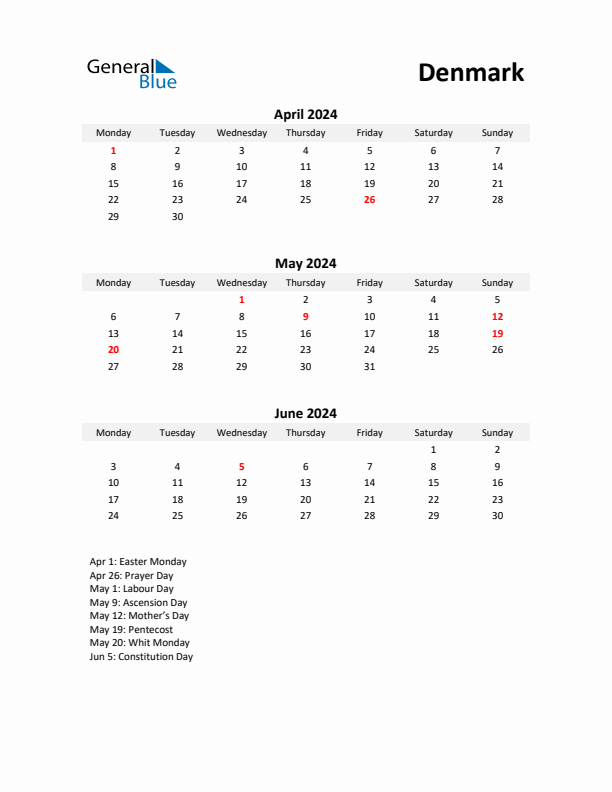 Printable Quarterly Calendar with Notes and Denmark Holidays- Q2 of 2024