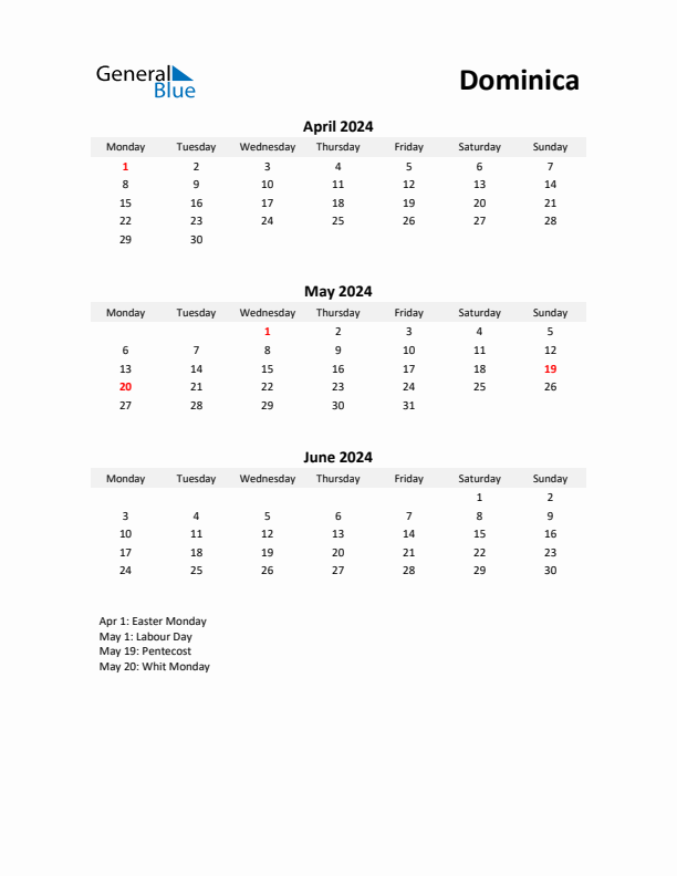 Printable Quarterly Calendar with Notes and Dominica Holidays- Q2 of 2024