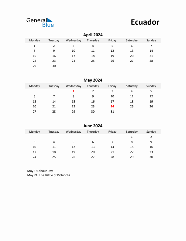 Printable Quarterly Calendar with Notes and Ecuador Holidays- Q2 of 2024