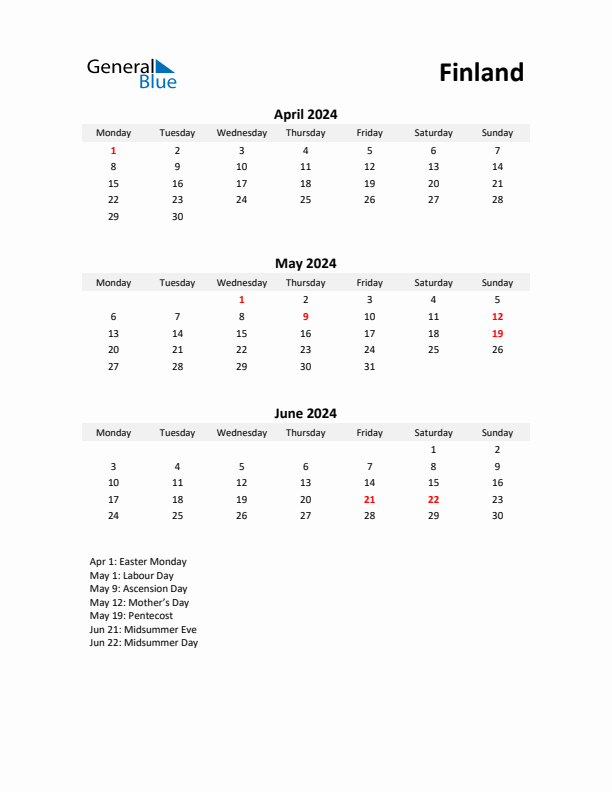 Printable Quarterly Calendar with Notes and Finland Holidays- Q2 of 2024