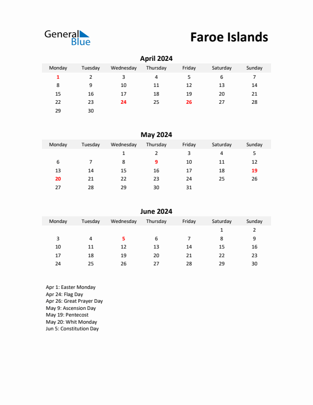 Printable Quarterly Calendar with Notes and Faroe Islands Holidays- Q2 of 2024