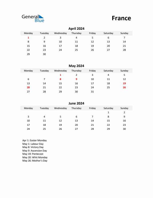 Printable Quarterly Calendar with Notes and France Holidays- Q2 of 2024