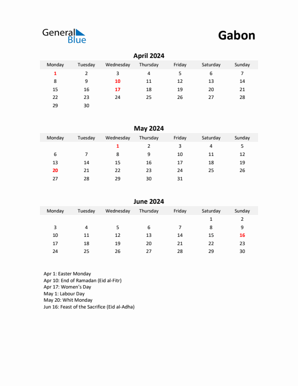 Printable Quarterly Calendar with Notes and Gabon Holidays- Q2 of 2024