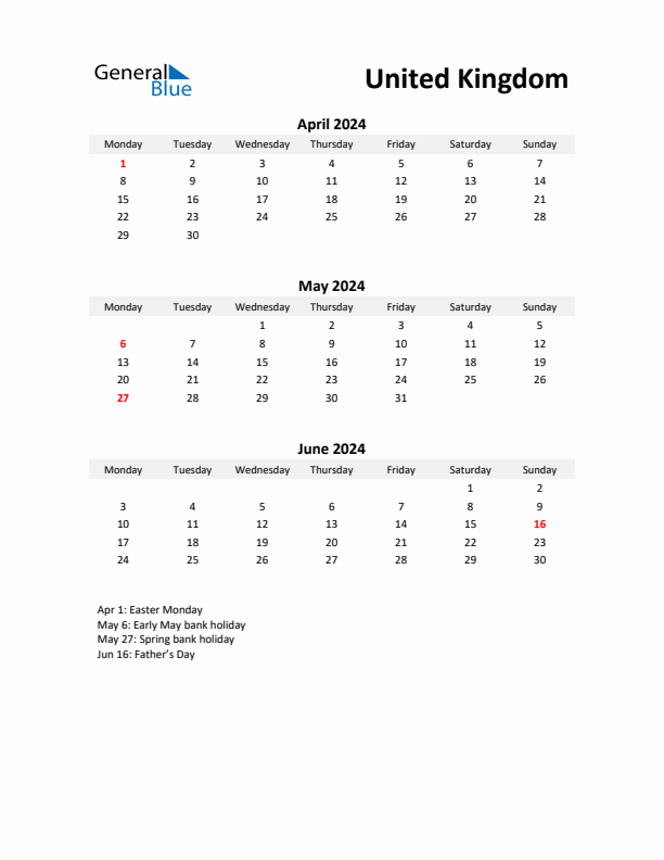 Printable Quarterly Calendar with Notes and United Kingdom Holidays- Q2 of 2024