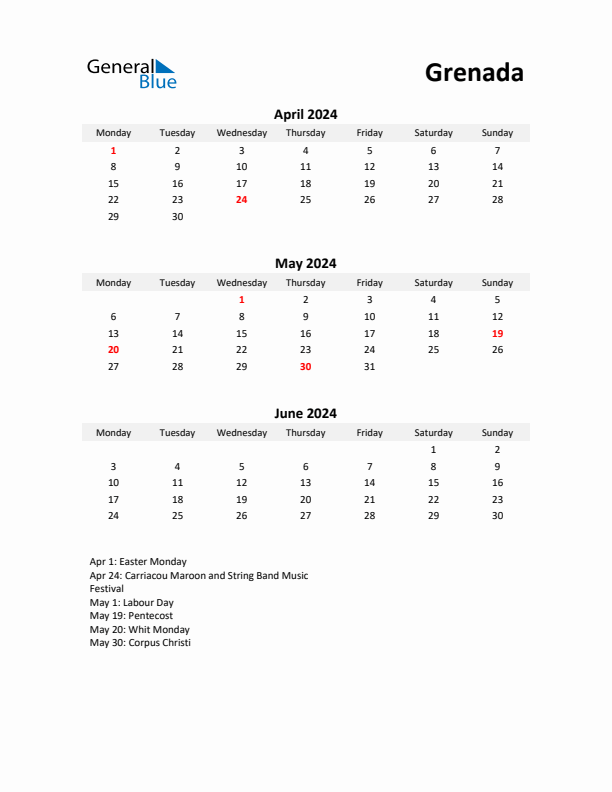 Printable Quarterly Calendar with Notes and Grenada Holidays- Q2 of 2024