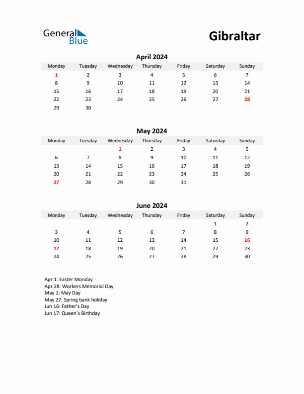 Printable Quarterly Calendar with Notes and Gibraltar Holidays- Q2 of 2024