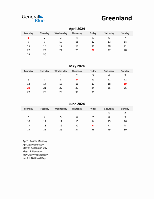 Printable Quarterly Calendar with Notes and Greenland Holidays- Q2 of 2024