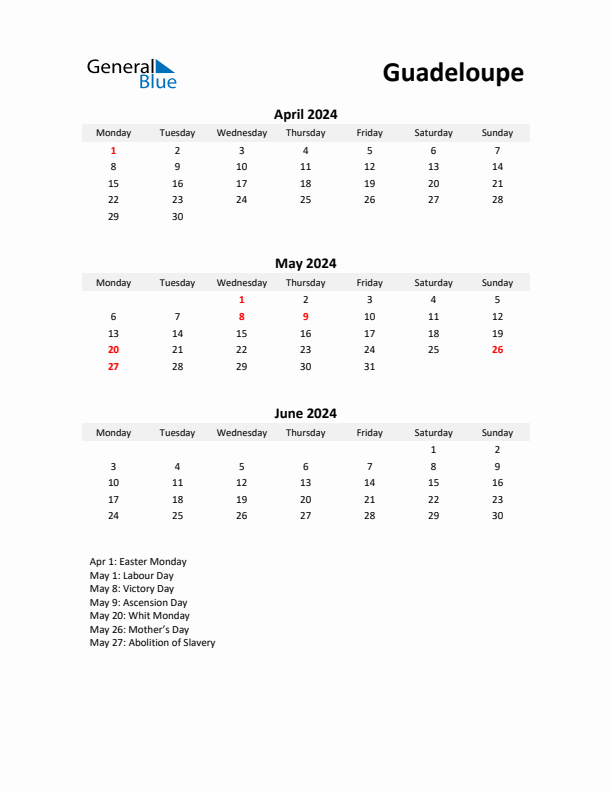 Printable Quarterly Calendar with Notes and Guadeloupe Holidays- Q2 of 2024