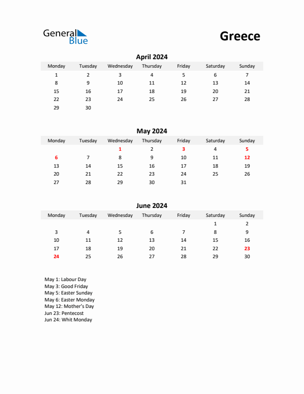 Printable Quarterly Calendar with Notes and Greece Holidays- Q2 of 2024