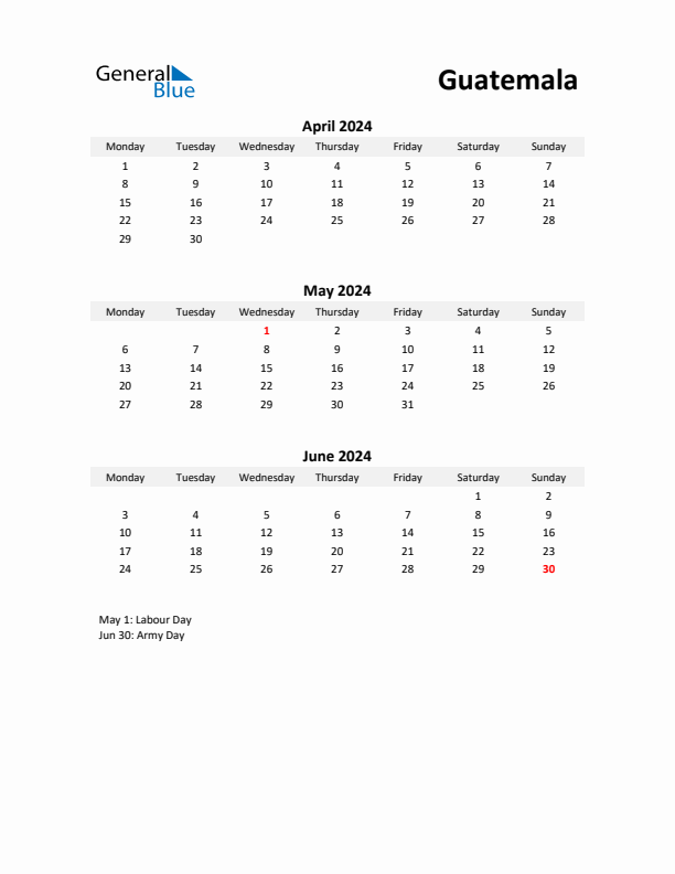 Printable Quarterly Calendar with Notes and Guatemala Holidays- Q2 of 2024