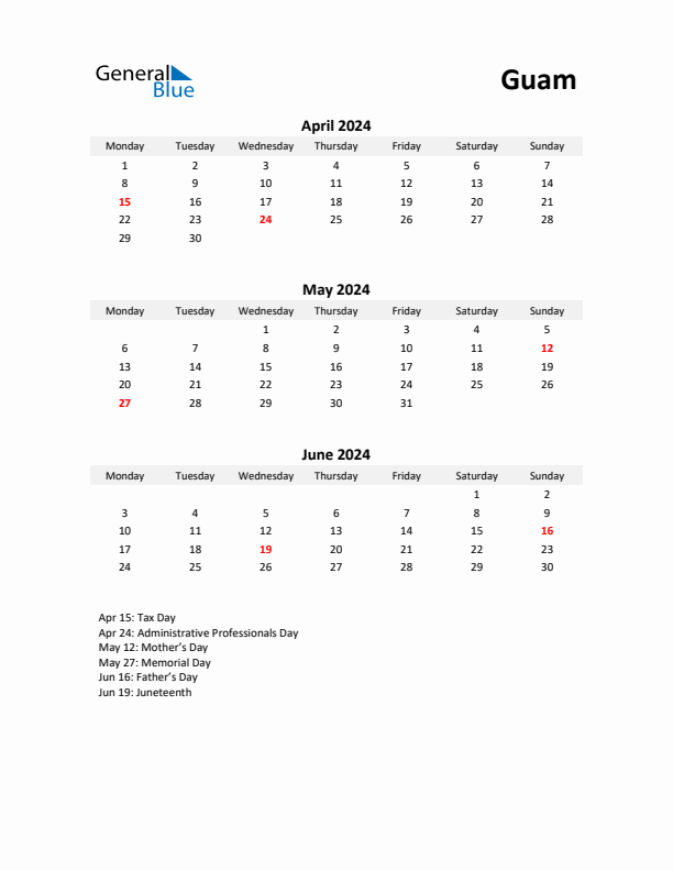 Printable Quarterly Calendar with Notes and Guam Holidays- Q2 of 2024