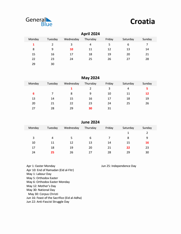 Printable Quarterly Calendar with Notes and Croatia Holidays- Q2 of 2024