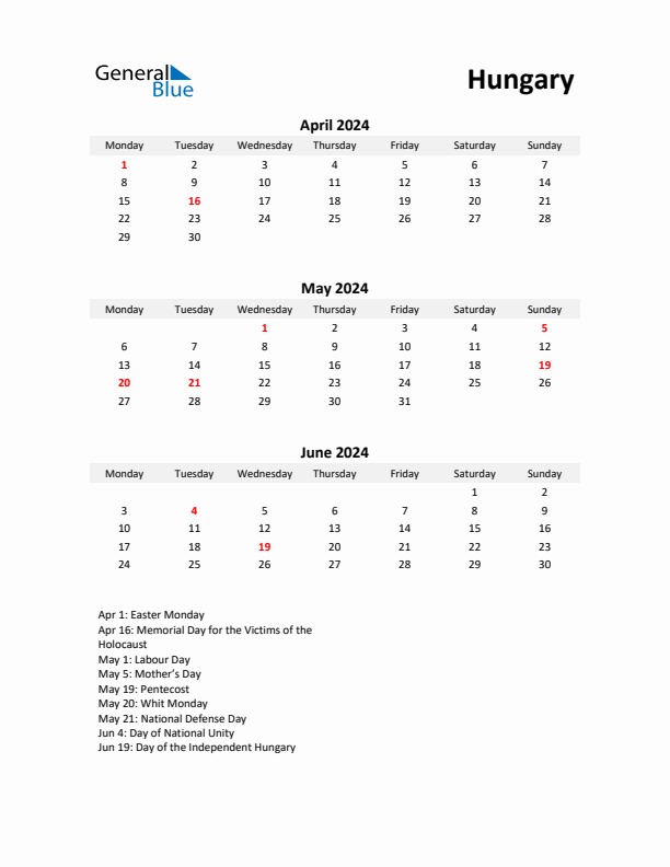 Printable Quarterly Calendar with Notes and Hungary Holidays- Q2 of 2024