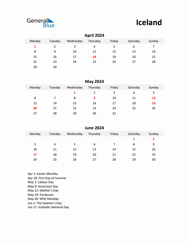 Printable Quarterly Calendar with Notes and Iceland Holidays- Q2 of 2024