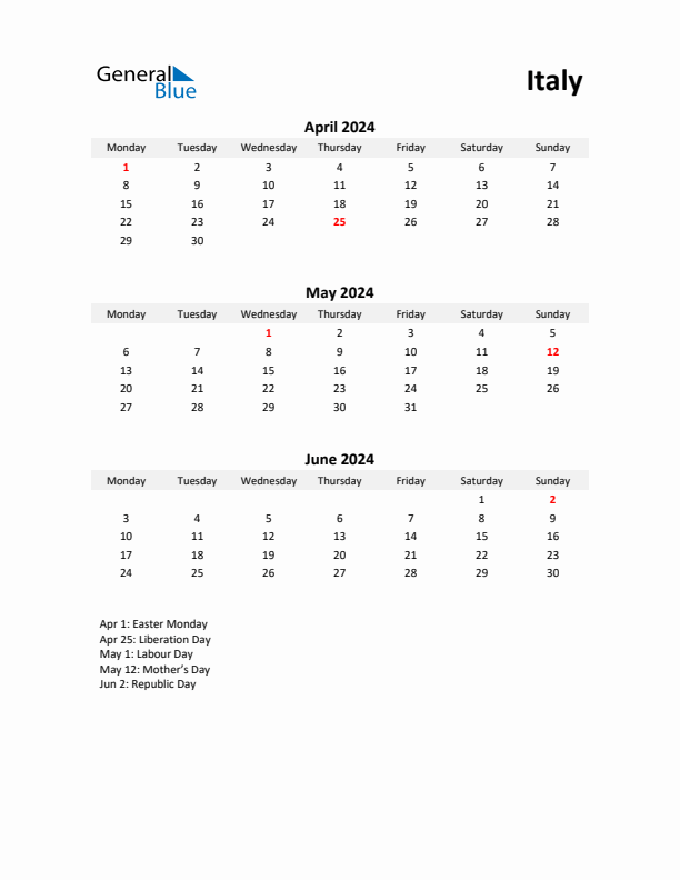 Printable Quarterly Calendar with Notes and Italy Holidays- Q2 of 2024