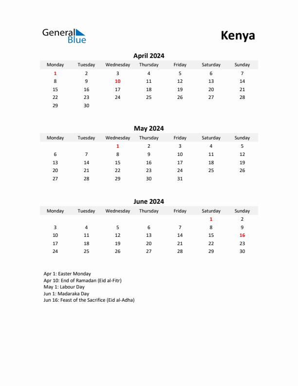 Printable Quarterly Calendar with Notes and Kenya Holidays- Q2 of 2024