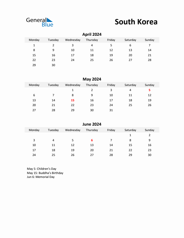 Printable Quarterly Calendar with Notes and South Korea Holidays- Q2 of 2024