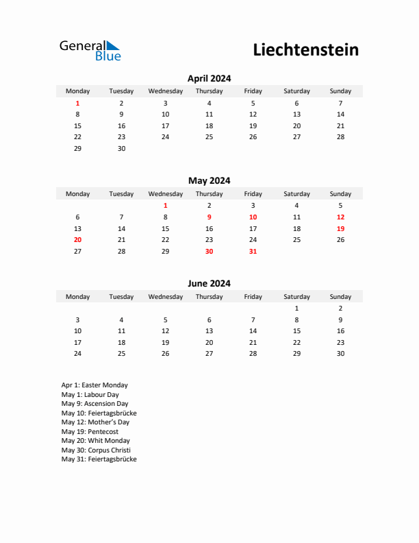 Printable Quarterly Calendar with Notes and Liechtenstein Holidays- Q2 of 2024