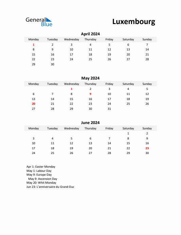 Printable Quarterly Calendar with Notes and Luxembourg Holidays- Q2 of 2024