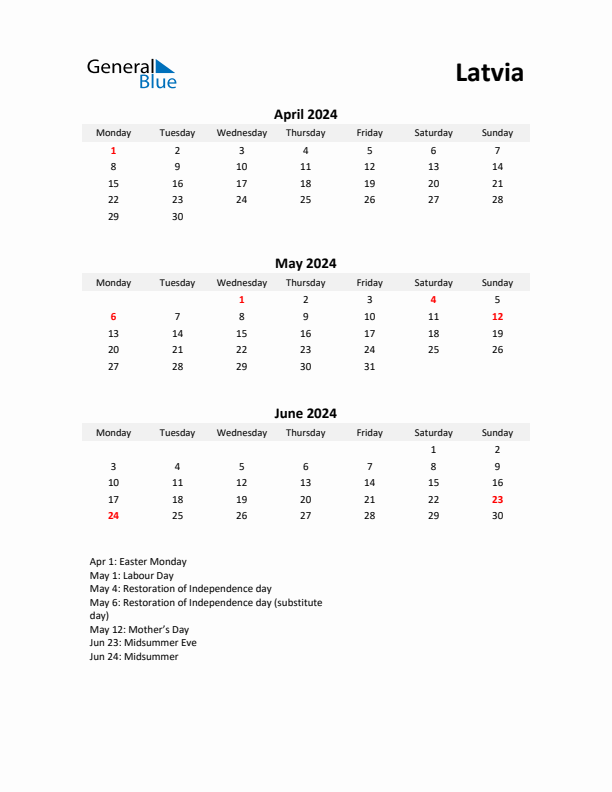 Printable Quarterly Calendar with Notes and Latvia Holidays- Q2 of 2024