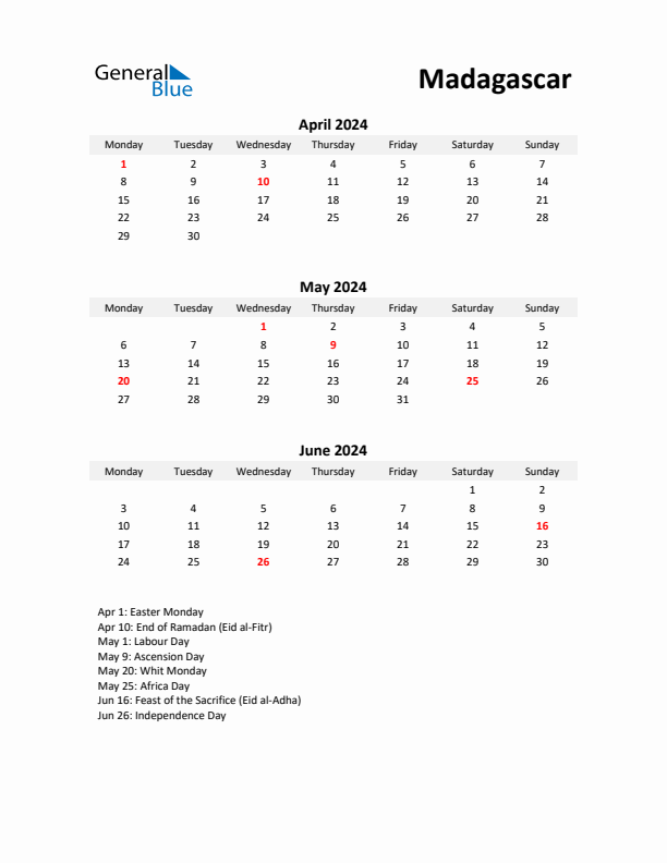 Printable Quarterly Calendar with Notes and Madagascar Holidays- Q2 of 2024