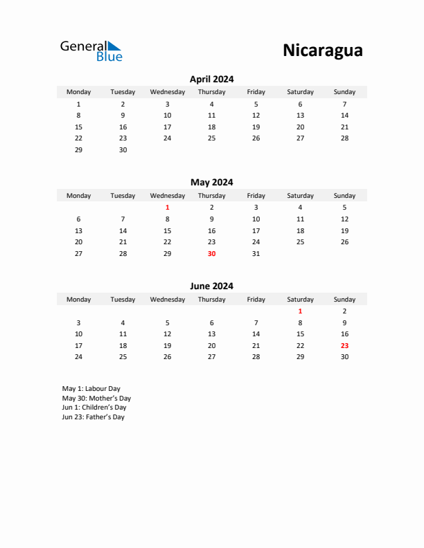 Printable Quarterly Calendar with Notes and Nicaragua Holidays- Q2 of 2024