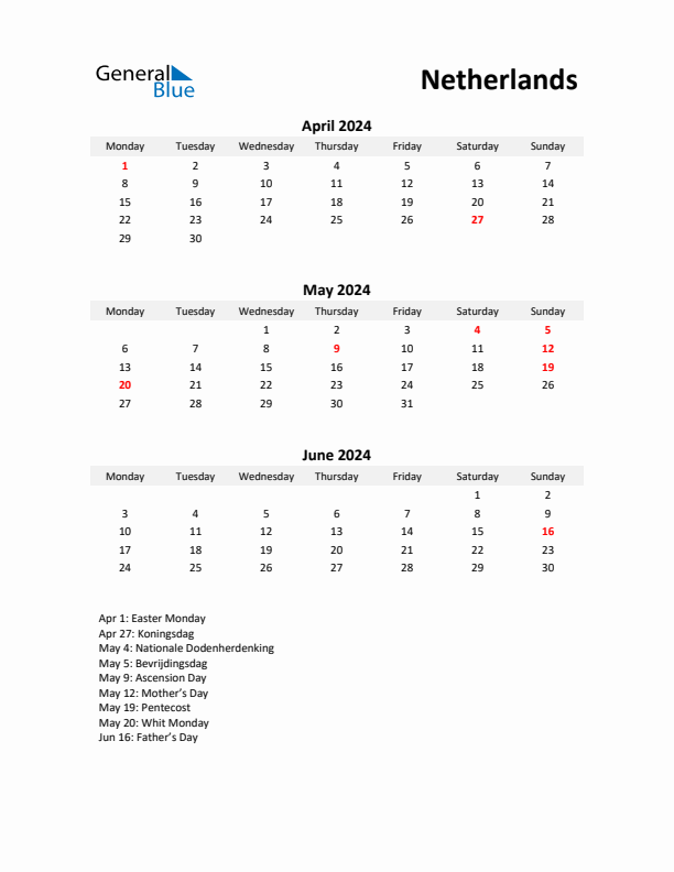 Printable Quarterly Calendar with Notes and The Netherlands Holidays- Q2 of 2024