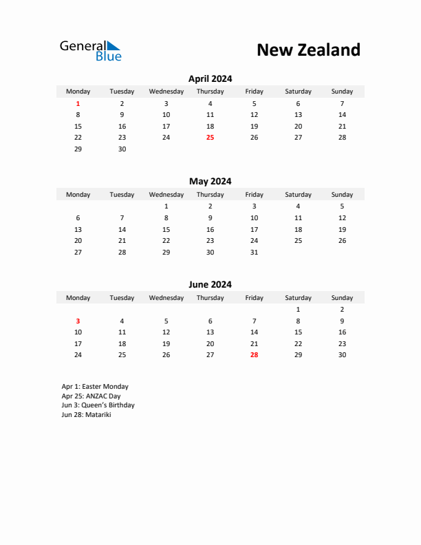 Printable Quarterly Calendar with Notes and New Zealand Holidays- Q2 of 2024