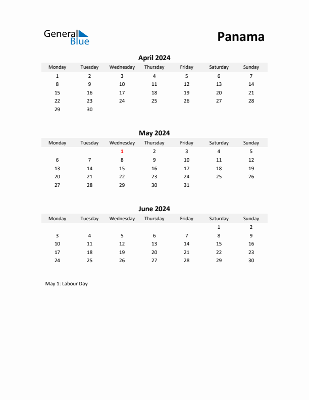 Printable Quarterly Calendar with Notes and Panama Holidays- Q2 of 2024