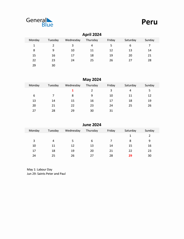 Printable Quarterly Calendar with Notes and Peru Holidays- Q2 of 2024