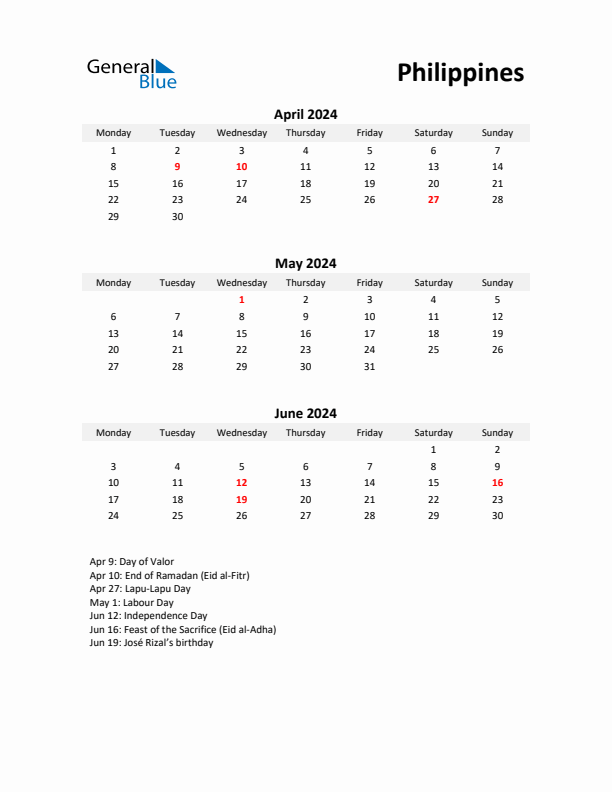 Printable Quarterly Calendar with Notes and Philippines Holidays- Q2 of 2024