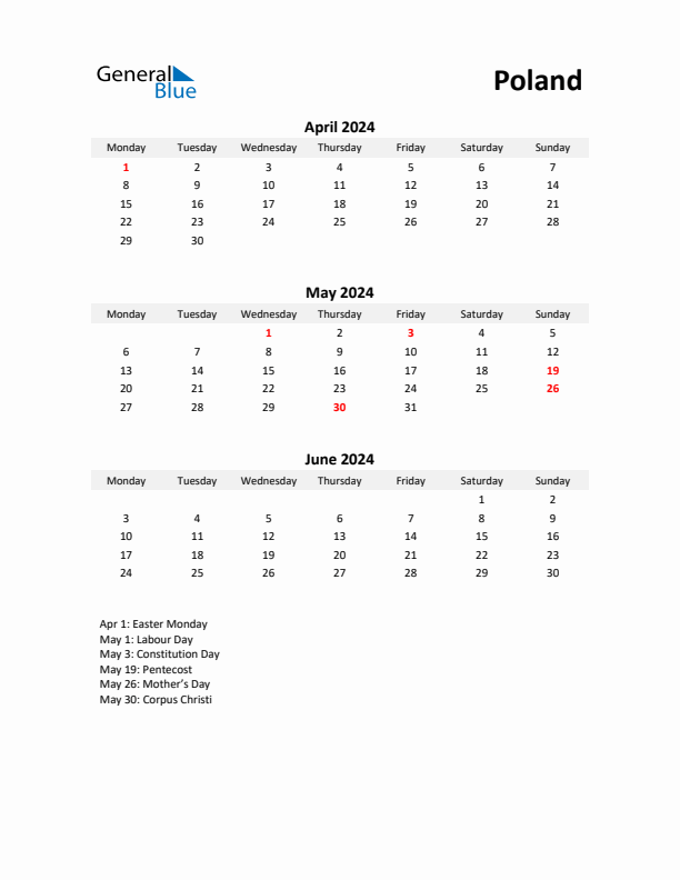 Printable Quarterly Calendar with Notes and Poland Holidays- Q2 of 2024