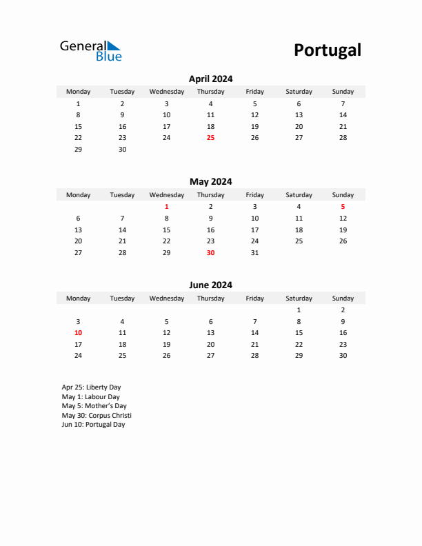 Printable Quarterly Calendar with Notes and Portugal Holidays- Q2 of 2024