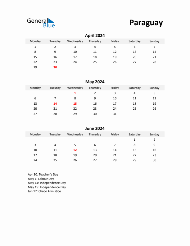 Printable Quarterly Calendar with Notes and Paraguay Holidays- Q2 of 2024