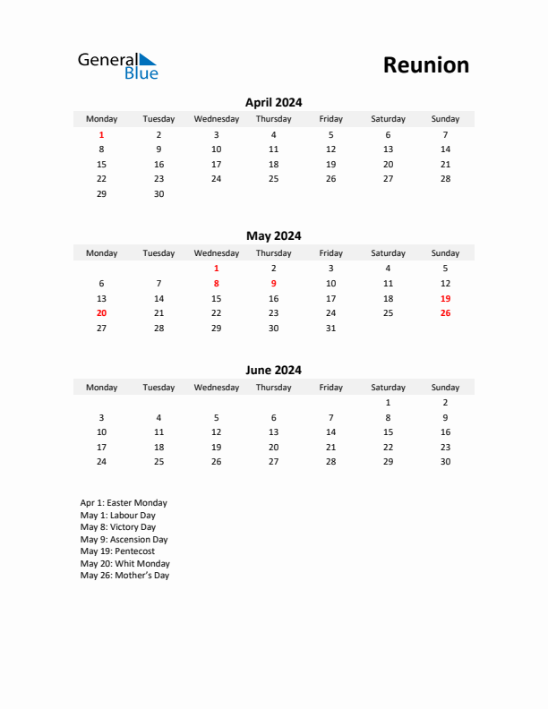 Printable Quarterly Calendar with Notes and Reunion Holidays- Q2 of 2024