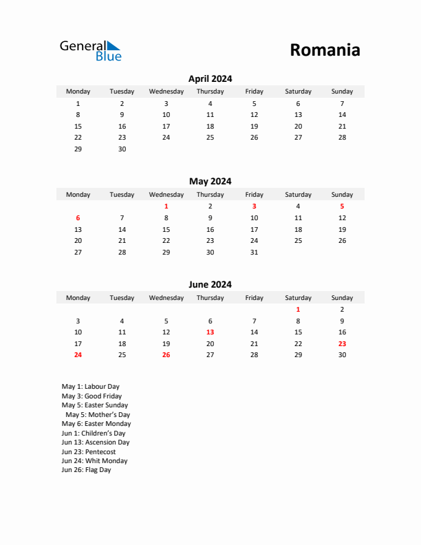 Printable Quarterly Calendar with Notes and Romania Holidays- Q2 of 2024