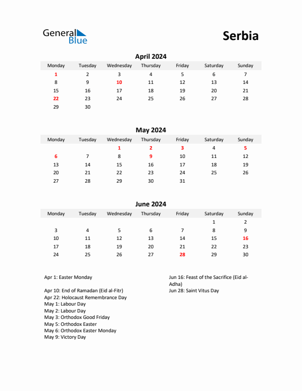 Printable Quarterly Calendar with Notes and Serbia Holidays- Q2 of 2024