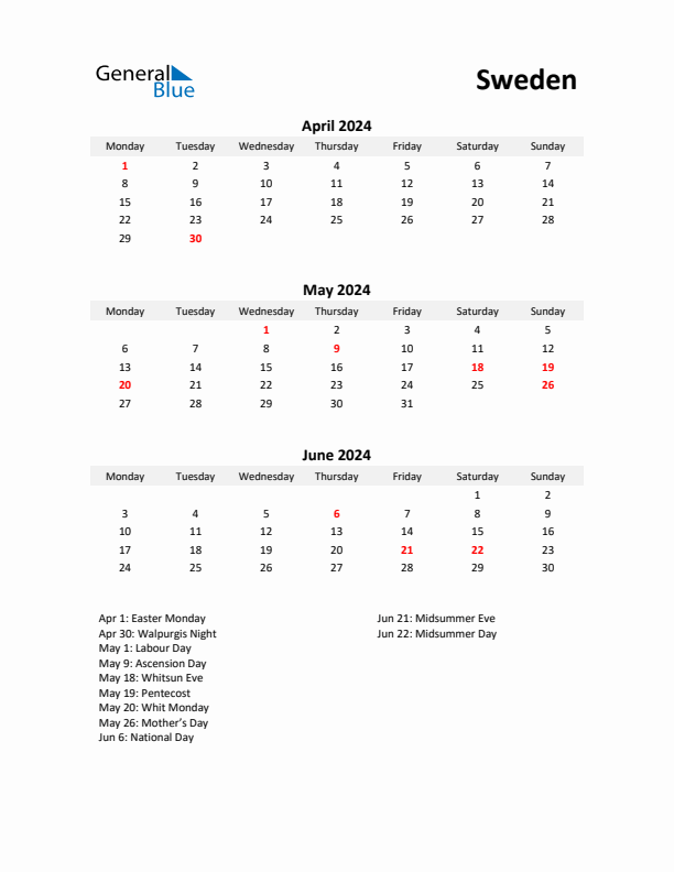 Printable Quarterly Calendar with Notes and Sweden Holidays- Q2 of 2024