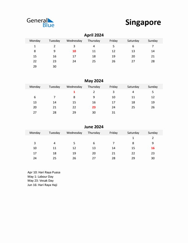 Printable Quarterly Calendar with Notes and Singapore Holidays- Q2 of 2024