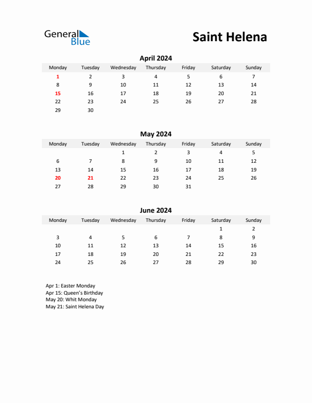 Printable Quarterly Calendar with Notes and Saint Helena Holidays- Q2 of 2024