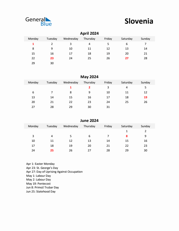 Printable Quarterly Calendar with Notes and Slovenia Holidays- Q2 of 2024