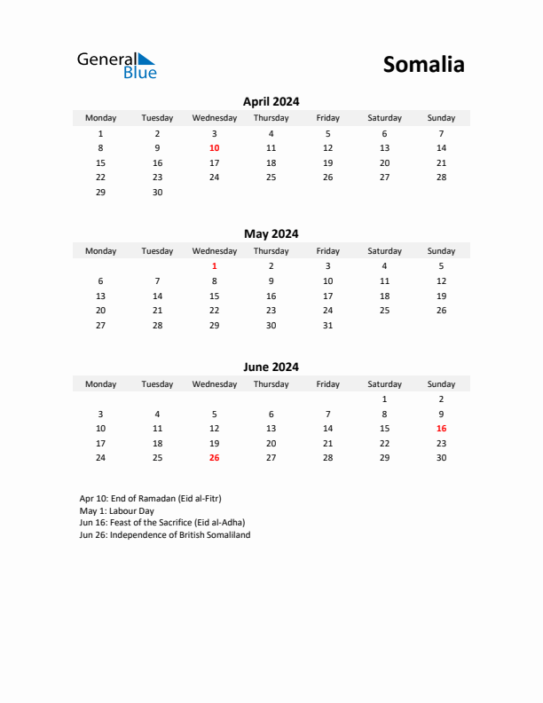 Printable Quarterly Calendar with Notes and Somalia Holidays- Q2 of 2024