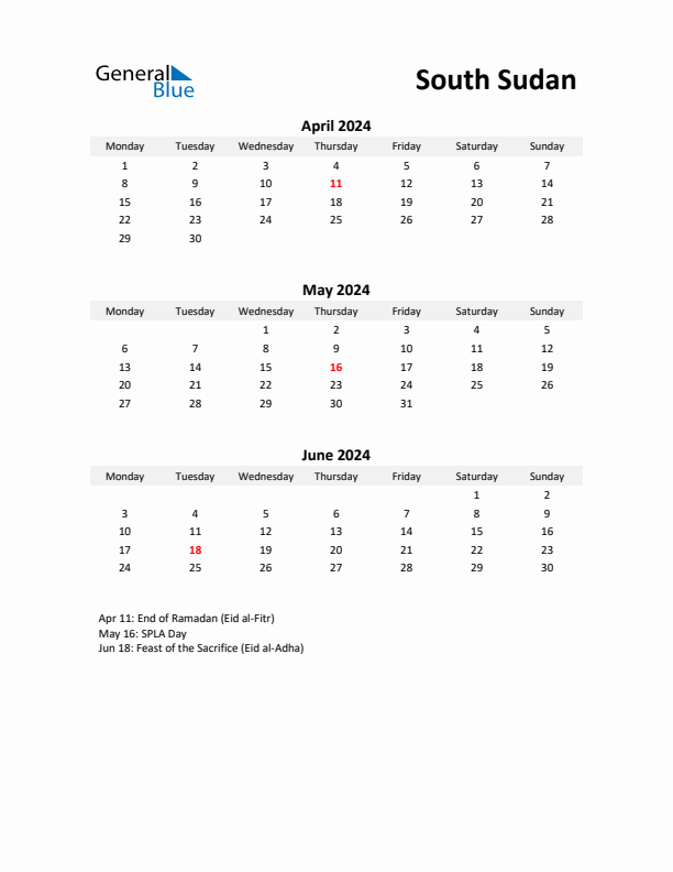 Printable Quarterly Calendar with Notes and South Sudan Holidays- Q2 of 2024