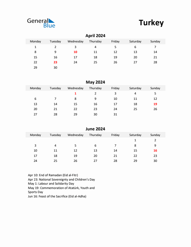 Printable Quarterly Calendar with Notes and Turkey Holidays- Q2 of 2024