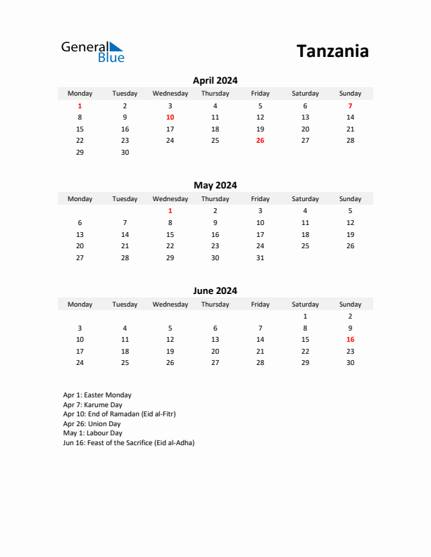 Printable Quarterly Calendar with Notes and Tanzania Holidays- Q2 of 2024