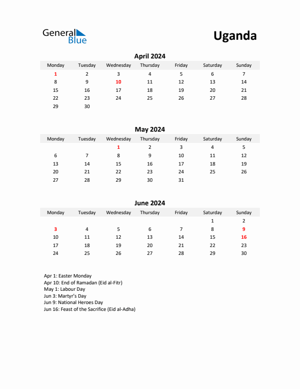 Printable Quarterly Calendar with Notes and Uganda Holidays- Q2 of 2024