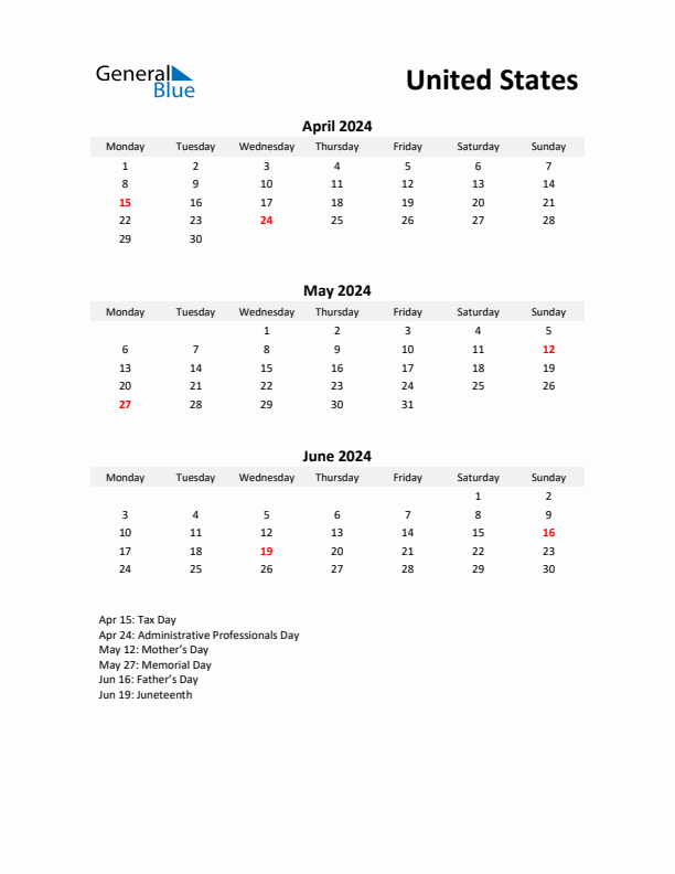 Printable Quarterly Calendar with Notes and United States Holidays- Q2 of 2024