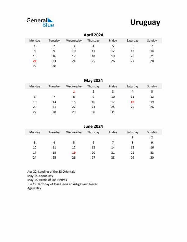 Printable Quarterly Calendar with Notes and Uruguay Holidays- Q2 of 2024