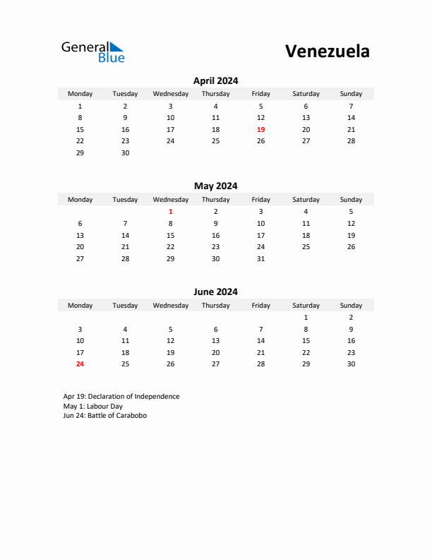 Printable Quarterly Calendar with Notes and Venezuela Holidays- Q2 of 2024