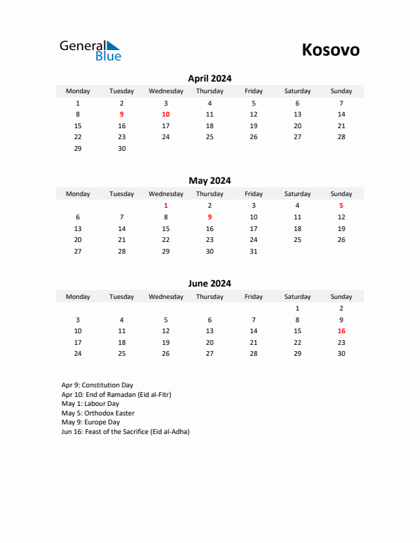 Printable Quarterly Calendar with Notes and Kosovo Holidays- Q2 of 2024